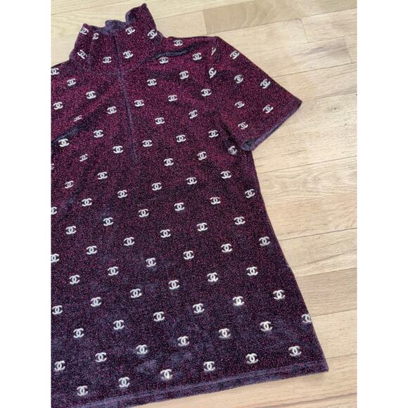Chanel 20N Navy Blue Fuchsia Pink Silver Sequin CC Logo Stretch Top T Shirt 38 - Picture 10 of 16